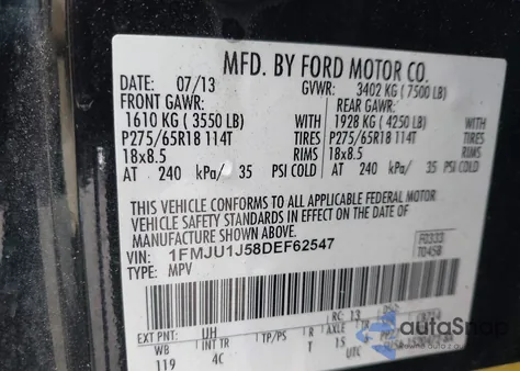 2013 Ford Expedition Xlt из США, поврежденный, VIN 1FMJU1J58DEF62547